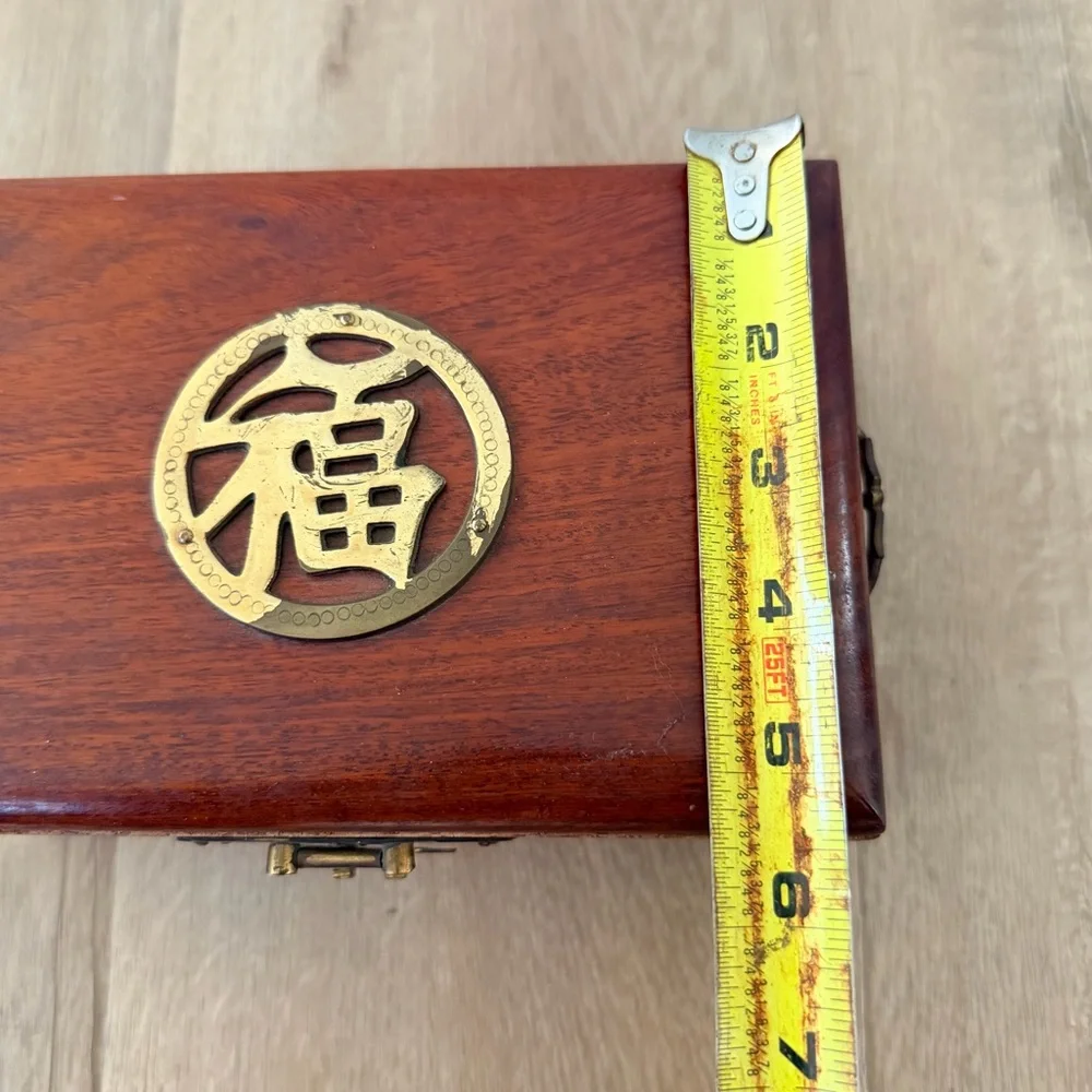 Vintage 80s Oriental Chinese Wooden Jewelry Box W/ Brass Word LUCKY, Double Tier